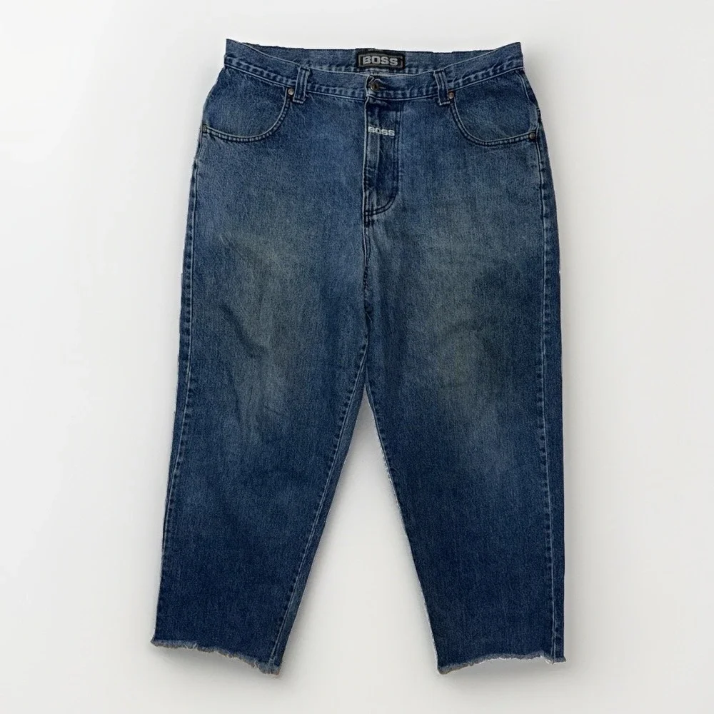 Vintage Boss Men's Jeans Y2K Baggy Blue Denim Frayed Raw Hem 39x29 Streetwear